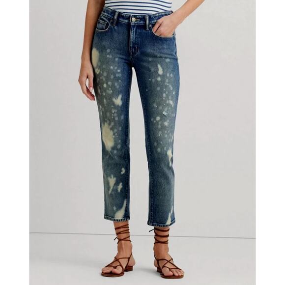 Ralph Lauren Womens 4 Bleach Splattered Ankle Straight Jeans Blue Preppy Artsy - Picture 1 of 9
